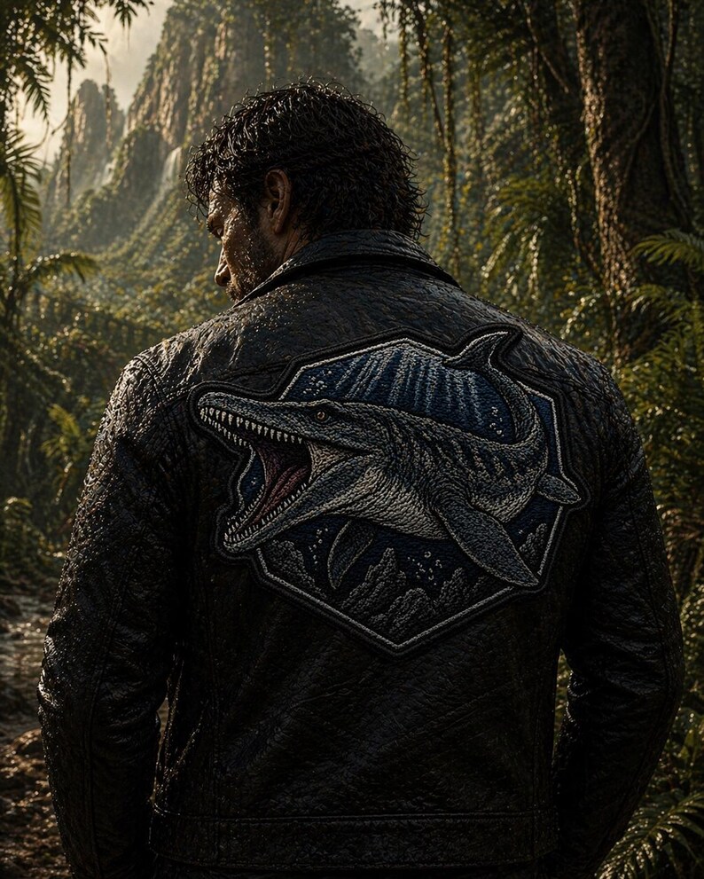K&ouml;nnte beinhalten: Schwarze Lederjacke mit einem aufgestickten Aufn&auml;her, der einen Mosasaurus zeigt. Der Aufn&auml;her zeigt eine detaillierte Illustration des Meeresreptils vor blauem Hintergrund in einem sechseckigen Rahmen. Die Jacke wird in einer gr&uuml;nen, dschungelartigen Umgebung getragen.