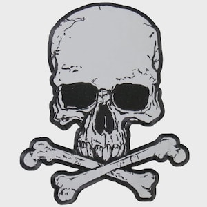 Könnte beinhalten: Ein schwarz-weißes Totenkopf- und gekreuzte Knochen-Design. Der Schädel ist hellgrau mit schwarzen Augenhöhlen und einer schwarzen Nasenhöhle. Zwei hellgraue Knochen sind unter dem Schädel gekreuzt.