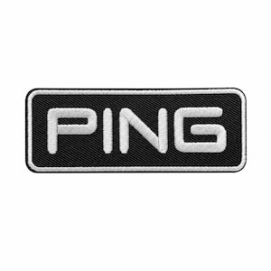 May include: Embroidered patch with the word "PING" in white, block letters. The text is centered on a black rectangular background with a white border. The patch is likely for apparel or accessories.