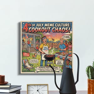 May include: A framed print with a cartoon illustration depicting a 4th of July cookout scene. The image features people grilling, fireworks, and humorous text like "My wiener is a wiener!" and "Grill Master 1776."