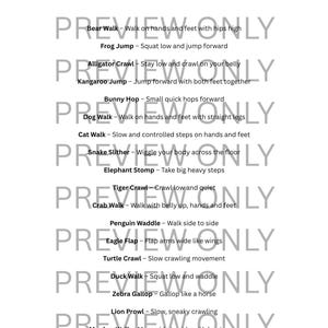 May include: A white sheet of paper with the title "Movement Guide" in black text. The guide lists various exercises, including Bear Walk, Frog Jump, and Alligator Crawl, with descriptions. The words "PREVIEW ONLY" are watermarked across the page.