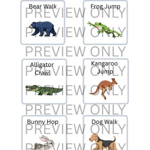 May include: A collection of illustrated cards featuring various animal actions. The cards include a bear walking, a frog jumping, an alligator crawling, a kangaroo jumping, a bunny hopping, and a dog walking. The text "PREVIEW ONLY" is overlaid on each card.