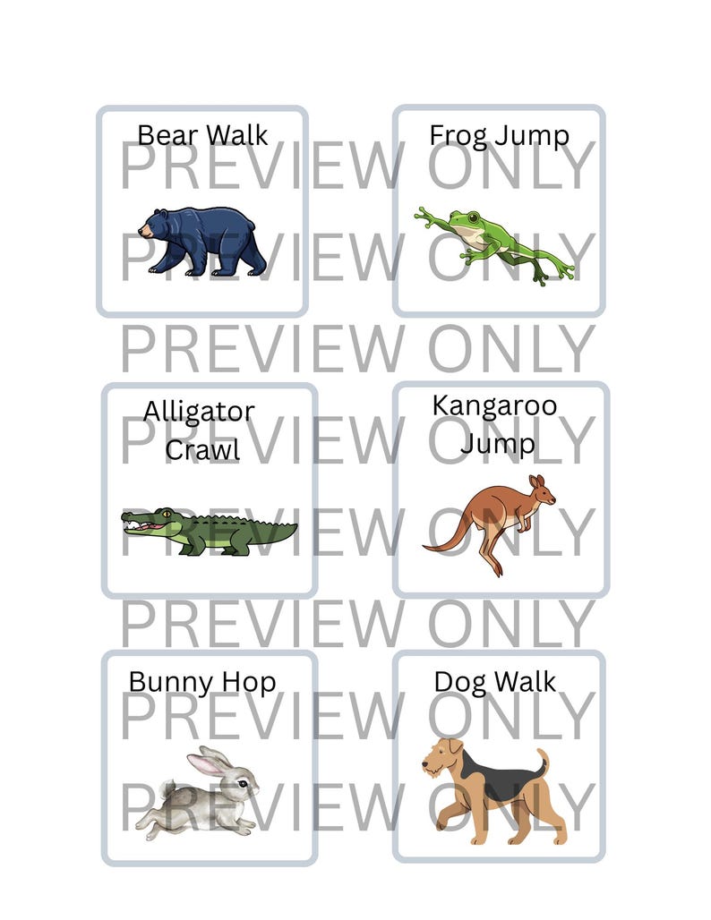 May include: A collection of illustrated cards featuring various animal actions. The cards include a bear walking, a frog jumping, an alligator crawling, a kangaroo jumping, a bunny hopping, and a dog walking. The text "PREVIEW ONLY" is overlaid on each card.