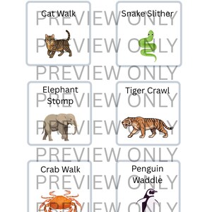 May include: A set of six animal illustrations with corresponding action words. Includes a cat, snake, elephant, tiger, crab, and penguin. Each animal is depicted in a unique pose, with text labels such as "Cat Walk" and "Snake Slither". The words "PREVIEW ONLY" are watermarked across the image.