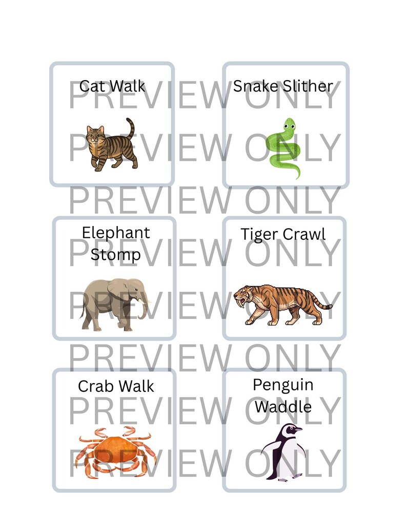 May include: A set of six animal illustrations with corresponding action words. Includes a cat, snake, elephant, tiger, crab, and penguin. Each animal is depicted in a unique pose, with text labels such as "Cat Walk" and "Snake Slither". The words "PREVIEW ONLY" are watermarked across the image.