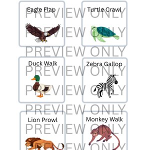May include: A set of six animal illustrations on white squares, each labeled with a movement. Includes an eagle, turtle, duck, zebra, lion, and monkey. The text "PREVIEW ONLY" is overlaid on the image.