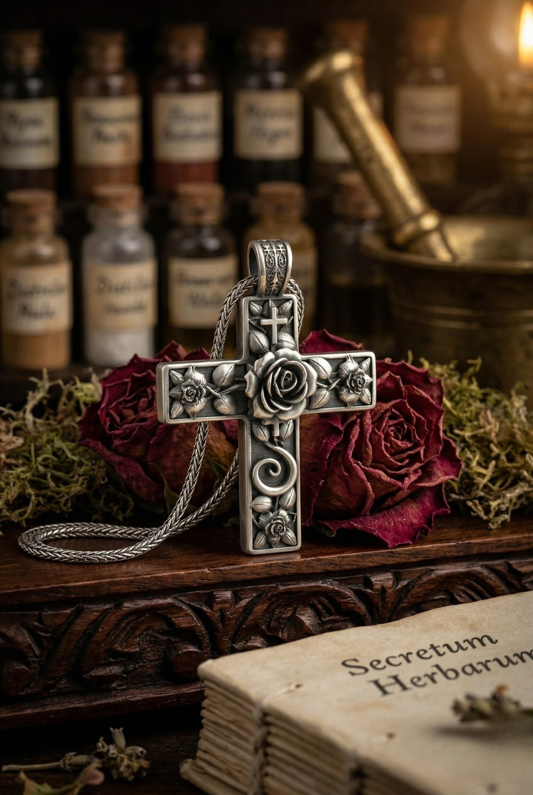 Sterling Silver Floral Cross Pendant Necklace Rose Engraved Christian ...