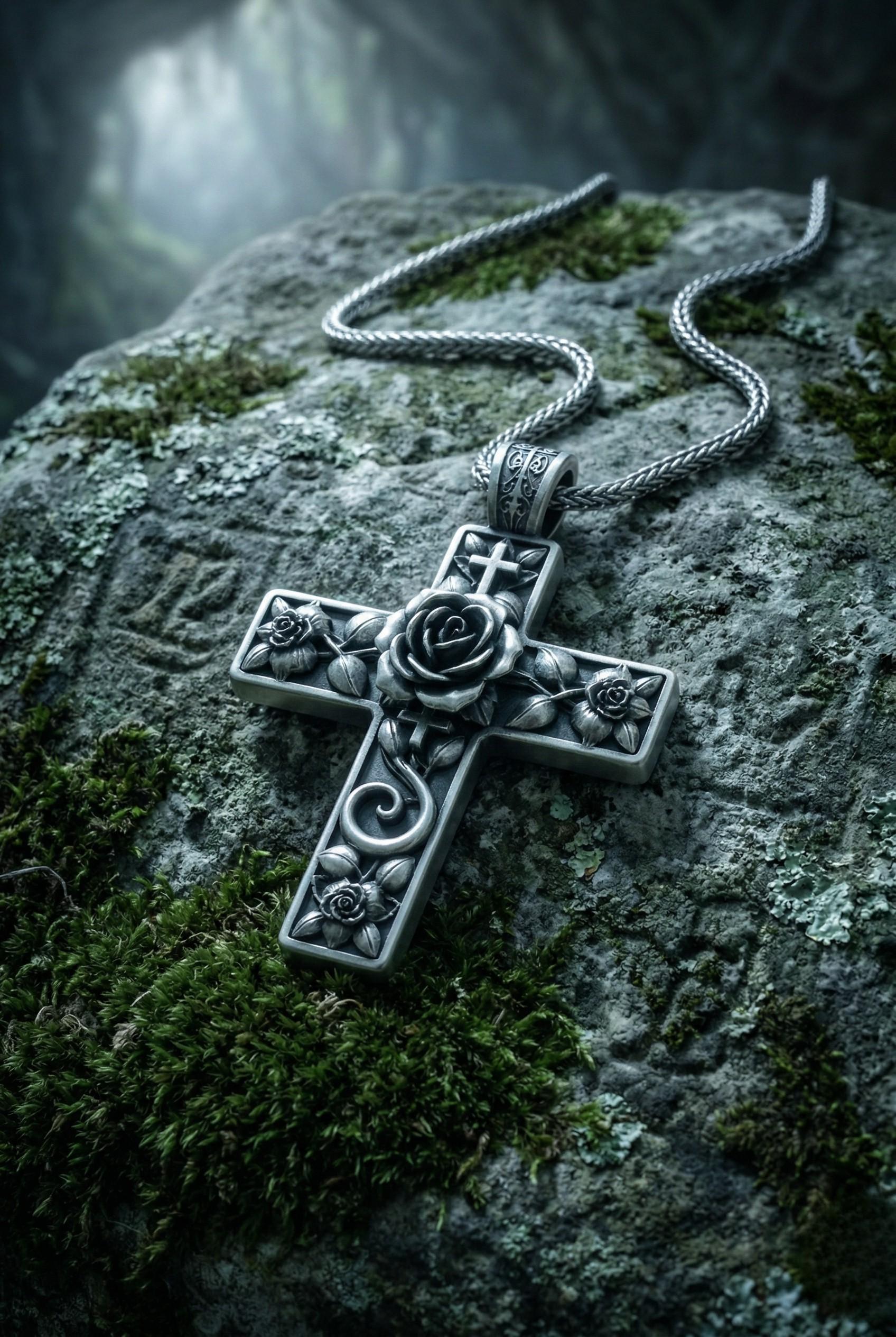 Sterling Silver Floral Cross Pendant Necklace Rose Engraved Christian ...