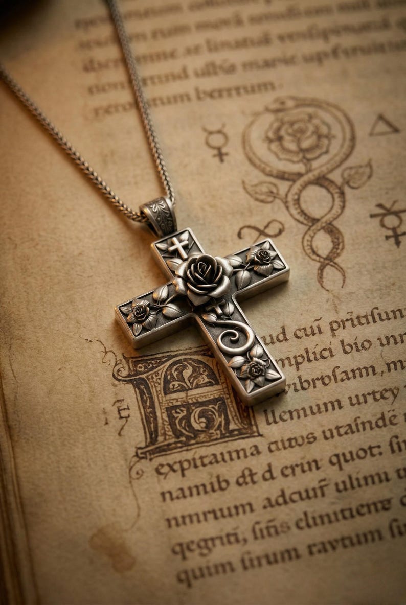 Sterling Silver Floral Cross Pendant Necklace Rose Engraved Christian ...