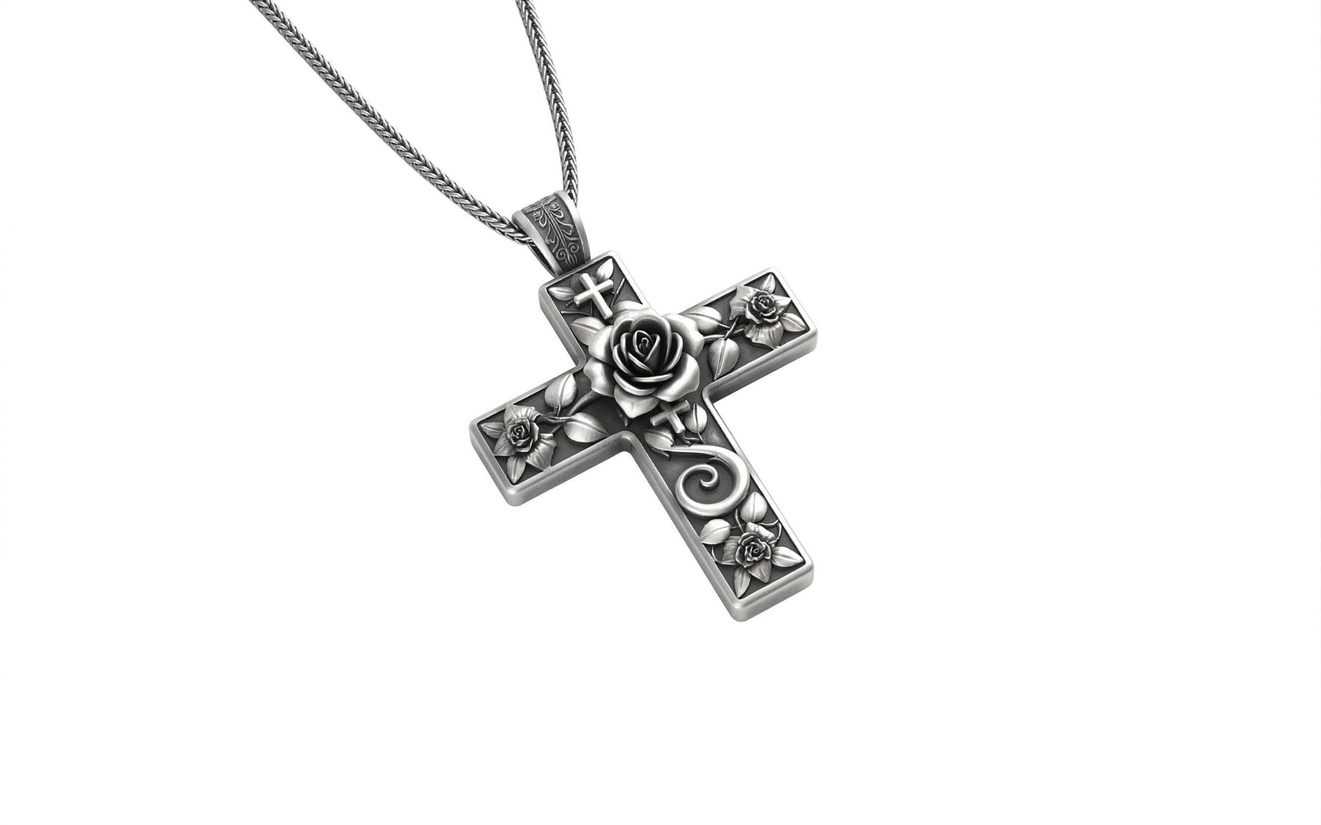 Sterling Silver Floral Cross Pendant Necklace Rose Engraved Christian ...