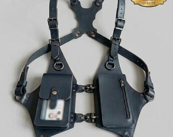 Handmade Black Leather Chest Harness Bag | Tactical Utility Rig | Phone Holder | Festival Streetwear