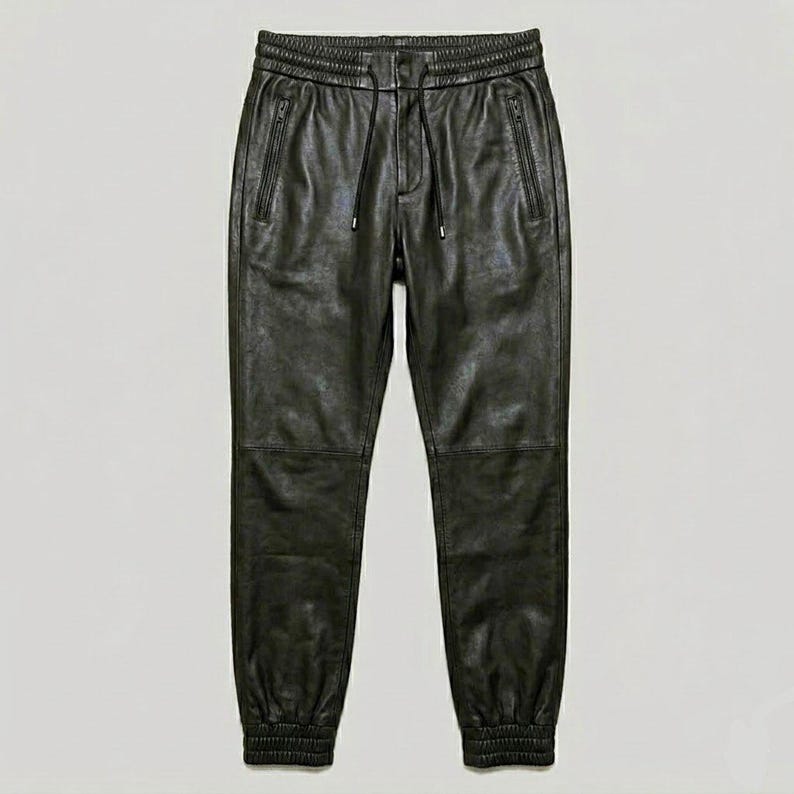 May include: Dark olive green leather joggers with a drawstring waist and zippered pockets. The pants have ribbed cuffs at the ankles and a relaxed fit. These leather joggers are a stylish addition to any wardrobe.