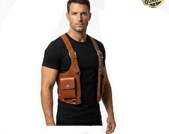 Funda de cuero para el pecho para hombre, bolso táctico con arnés para el hombro, arnés de cuero cruzado para el pecho, funda utilitaria EDC, bolso con arnés para festivales