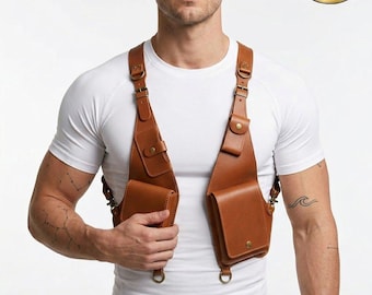 Brown Leather Chest Harness Bag | Phone Holder Rig, Streetwear Carry