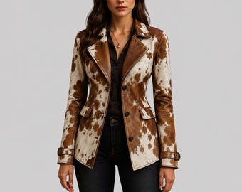 Women Genuine Cowhide Leather Blazer | Hair-On Hide Cow Print Jacket