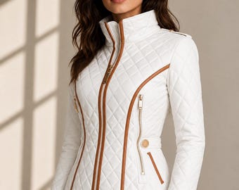 Women's Waist-Cinched Quilted Jacket | Diamond Padded Coat | Elegant Stand Collar Winter Jacket