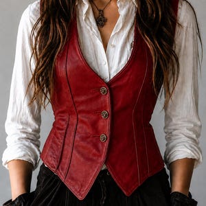 May include: A red leather vest with three decorative buttons. The vest is worn over a white button-down shirt and black pants. The vest has a V-neck and a tailored fit. The buttons are silver-colored and ornate. The overall style is vintage-inspired.