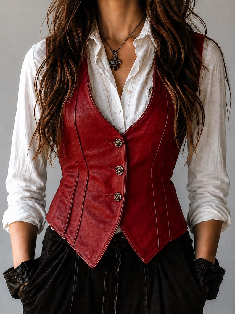 May include: A red leather vest with three decorative buttons. The vest is worn over a white button-down shirt and black pants. The vest has a V-neck and a tailored fit. The buttons are silver-colored and ornate. The overall style is vintage-inspired.