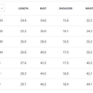 May include: A black and white clothing size chart table with columns for size, UK, length, bust, shoulder, waist, and sleeves. The rows list sizes from XS to 3XL with corresponding numerical values for each measurement category in a grid format.