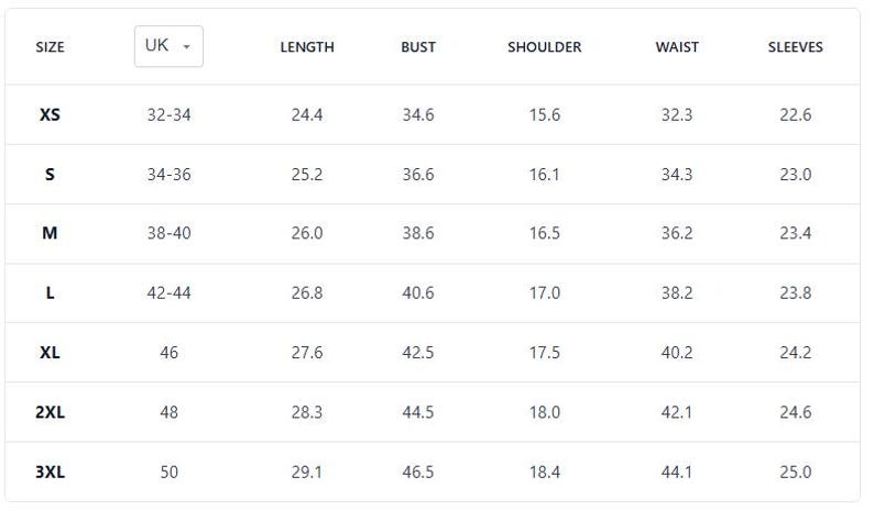 May include: A black and white clothing size chart table with columns for size, UK, length, bust, shoulder, waist, and sleeves. The rows list sizes from XS to 3XL with corresponding numerical values for each measurement category in a grid format.