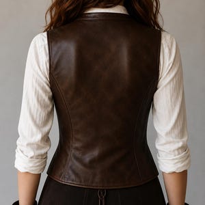 May include: A brown leather vest with a fitted silhouette. The vest is worn over a white button-down shirt. The image shows the back of the vest and shirt. The vest has a smooth texture and a dark brown color.