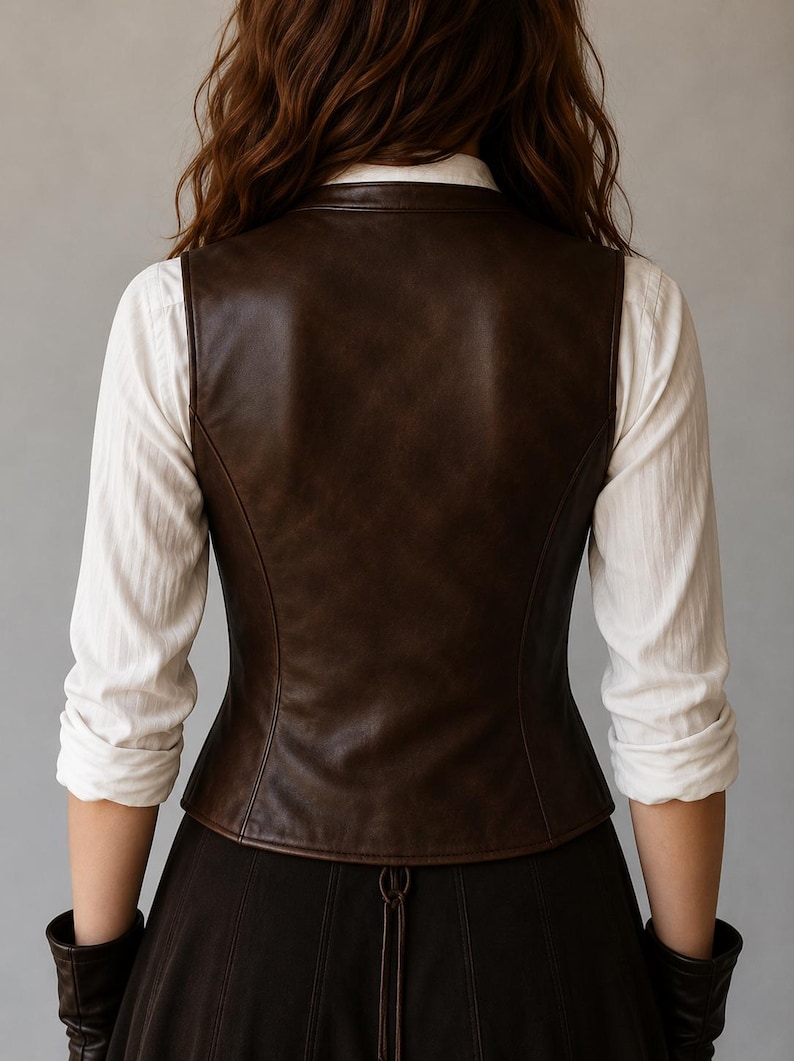 May include: A brown leather vest with a fitted silhouette. The vest is worn over a white button-down shirt. The image shows the back of the vest and shirt. The vest has a smooth texture and a dark brown color.