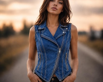 Women's Washed Denim Moto Vest | Vintage Biker Style Sleeveless Jacket