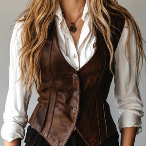 May include: A brown leather vest with three decorative buttons. The vest is worn over a white button-down shirt. A necklace with a pendant is visible. The vest has a tailored fit and a classic design.