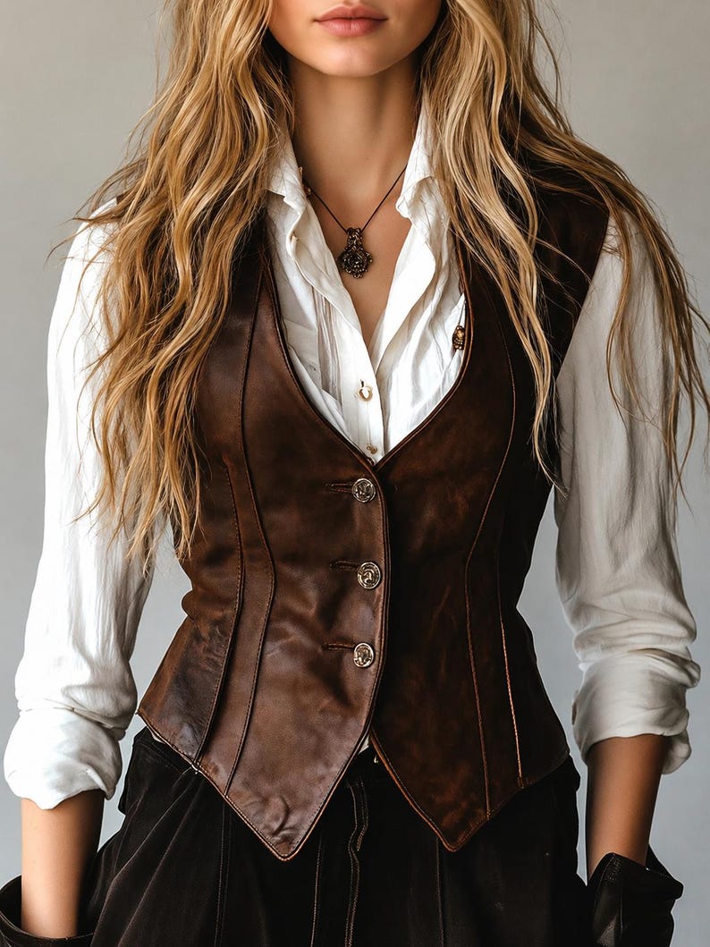 May include: A brown leather vest with three decorative buttons. The vest is worn over a white button-down shirt. A necklace with a pendant is visible. The vest has a tailored fit and a classic design.