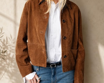 Women’s Brown Suede Jacket – Handmade Goatskin Leather Button Front Coat