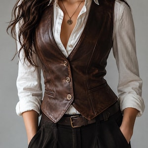 May include: A brown leather vest with three gold buttons, worn over a white button-down shirt. The vest has a tailored fit and a classic design. The model is also wearing dark brown pants and a brown belt.