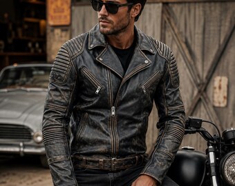 Men’s Distressed Brando Biker Leather Jacket | Vintage Black Café Racer Jacket