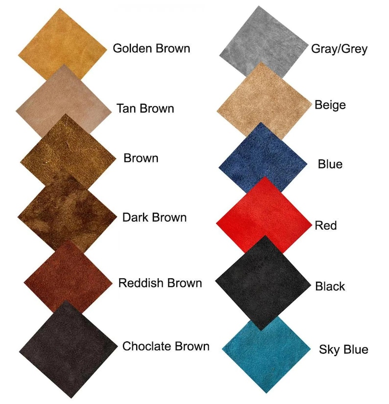 May include: A colour chart featuring twelve diamond-shaped swatches arranged in two vertical columns. The labels include Golden Brown, Tan Brown, Brown, Dark Brown, Reddish Brown, Choclate Brown, Gray/Grey, Beige, Blue, Red, Black, and Sky Blue.