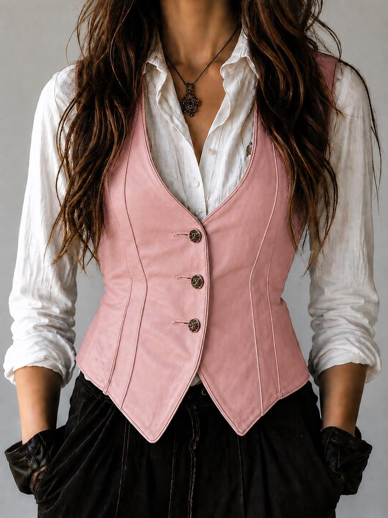May include: A light pink leather vest with a V-neck and three decorative buttons. The vest is worn over a white button-down shirt. The model is also wearing black pants and a necklace.