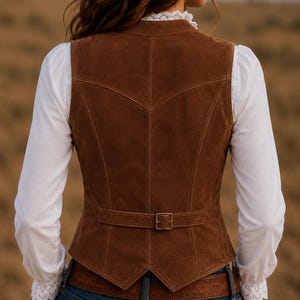 May include: A brown suede waistcoat featuring a V-shaped back yoke, vertical seam detailing, and an adjustable back strap with a brass-toned metal buckle. The waistcoat is worn over a white long-sleeved shirt with lace trim at the collar and cuffs.