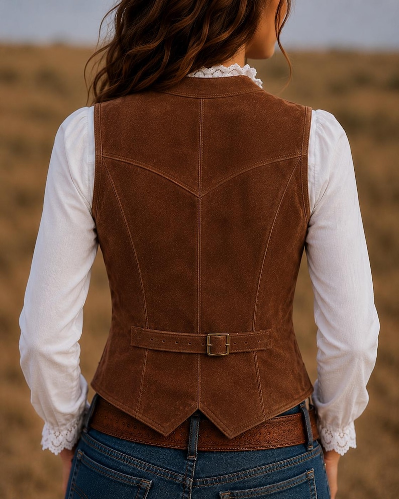 May include: A brown suede waistcoat featuring a V-shaped back yoke, vertical seam detailing, and an adjustable back strap with a brass-toned metal buckle. The waistcoat is worn over a white long-sleeved shirt with lace trim at the collar and cuffs.