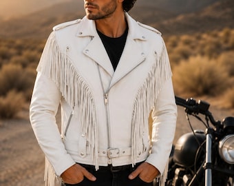 Men’s Brando American Western Cowboy Fringe Motorcycle Jacket – Handmade Genuine Cowhide Leather