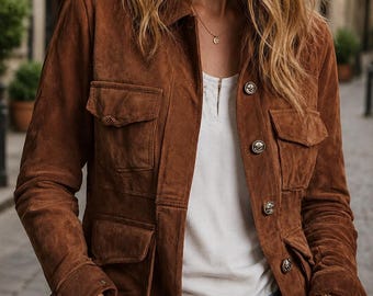 Vintage Brown Suede Utility Jacket for Women – Classic Tailored Leather Look