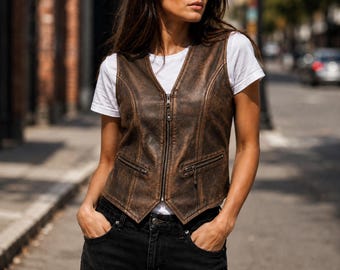 Women's Top Grain Cowhide Leather Motorcycle Biker Vest – Adjustable Side Laces