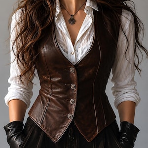 May include: A brown leather vest with a tailored fit, featuring decorative buttons. The vest is worn over a white collared shirt and paired with black gloves. A pendant necklace adds a touch of detail to the outfit. The overall style is reminiscent of vintage or steampunk fashion.