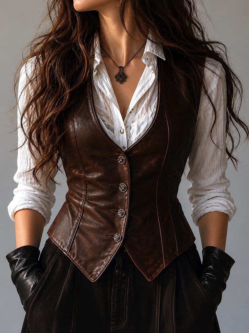 May include: A brown leather vest with a tailored fit, featuring decorative buttons. The vest is worn over a white collared shirt and paired with black gloves. A pendant necklace adds a touch of detail to the outfit. The overall style is reminiscent of vintage or steampunk fashion.