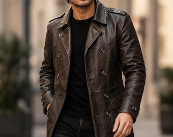 Men's Vintage Brown Leather Double Breasted Trench Coat – Genuine Sheepskin Leather Blazer