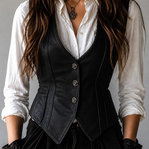 May include: Black leather vest with three decorative buttons. The vest is worn over a white button-down shirt. The image shows a close-up of the vest and shirt, with the person's arms at their sides.