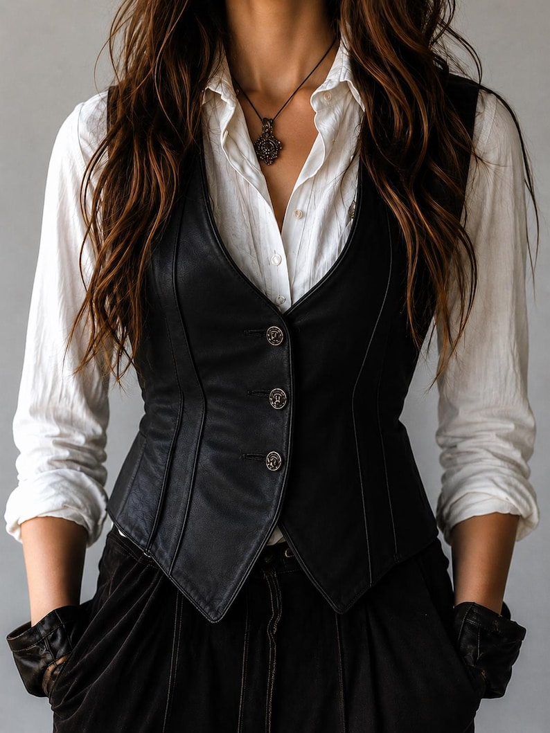 May include: Black leather vest with three decorative buttons. The vest is worn over a white button-down shirt. The image shows a close-up of the vest and shirt, with the person's arms at their sides.