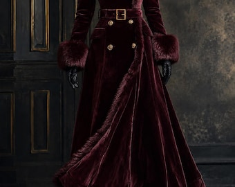 Elegant Velvet Coat with Faux Fur Collar – Timeless Mid-Length Winter Outerwear