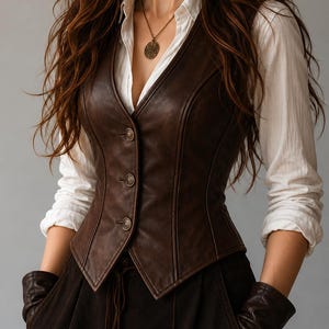 May include: A brown leather vest with three buttons, worn over a white collared shirt. The vest has a V-neck and tailored fit. The model is also wearing brown pants and gloves, and a pendant necklace.