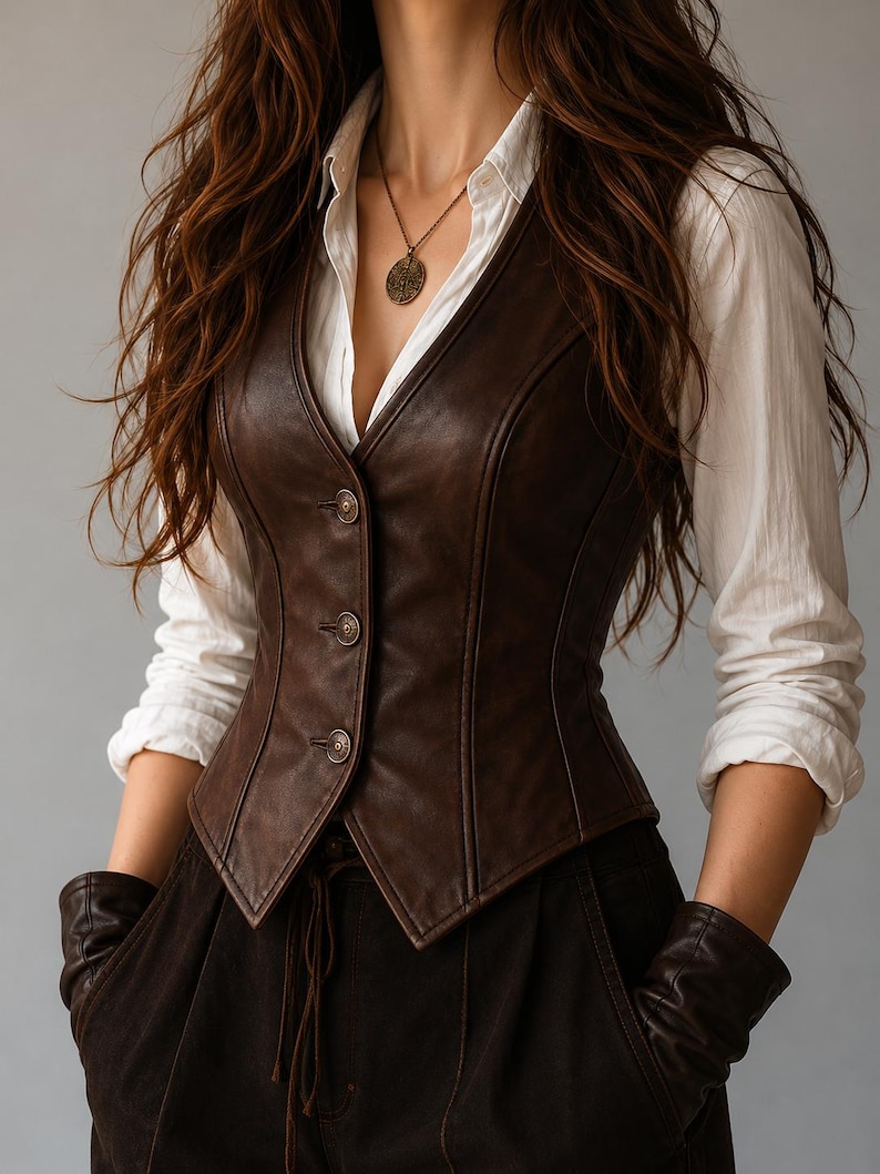 May include: A brown leather vest with three buttons, worn over a white collared shirt. The vest has a V-neck and tailored fit. The model is also wearing brown pants and gloves, and a pendant necklace.