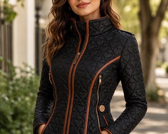 Women's Heart Quilted Jacket | Waist-Cinched Padded Coat | Elegant Stand Collar Winter Outerwear