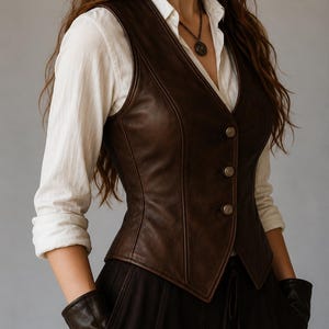 May include: A brown leather vest with three button closures. The vest is worn over a white button-down shirt and dark brown skirt. The model is also wearing a necklace and gloves.