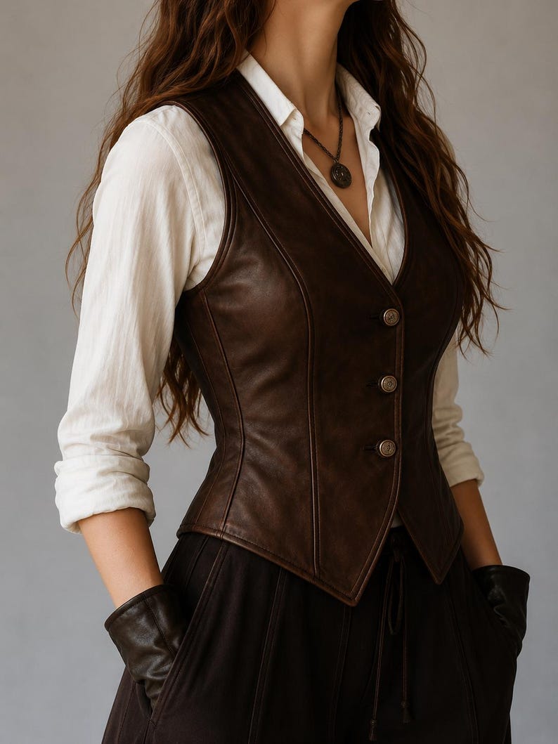May include: A brown leather vest with three button closures. The vest is worn over a white button-down shirt and dark brown skirt. The model is also wearing a necklace and gloves.